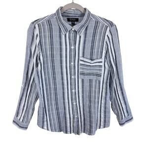 RD & Koko 100% Cotton Gray White Striped Roll Tab Sleeve Button Up Blouse Size M